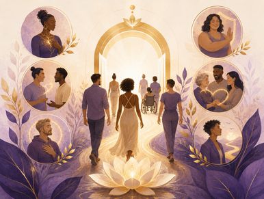 Diverse people walking toward a glowing doorway surrounded by love and connection symbols.