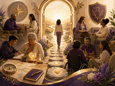 People enjoy heartfelt conversations in a warm, inviting room with a glowing path.