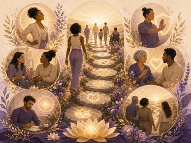A serene journey of spiritual connection and growth among diverse individuals.
