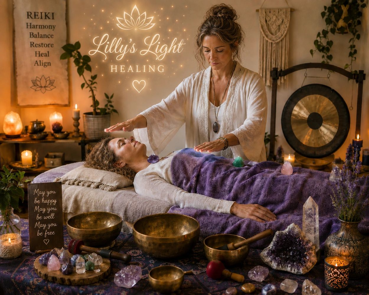 A Reiki healing session with crystals and singing bowls in a serene setting.
