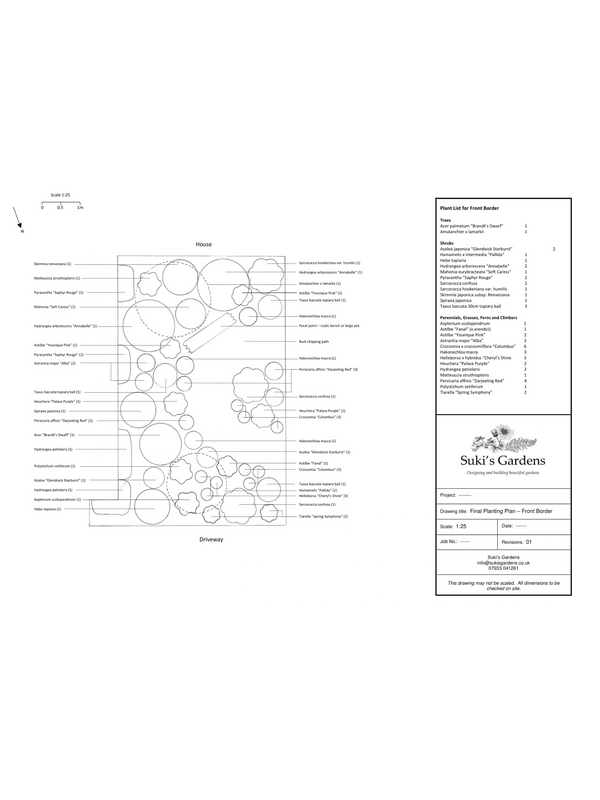 Labelled drawing showing the planting plan for a shady border and woodland walk.