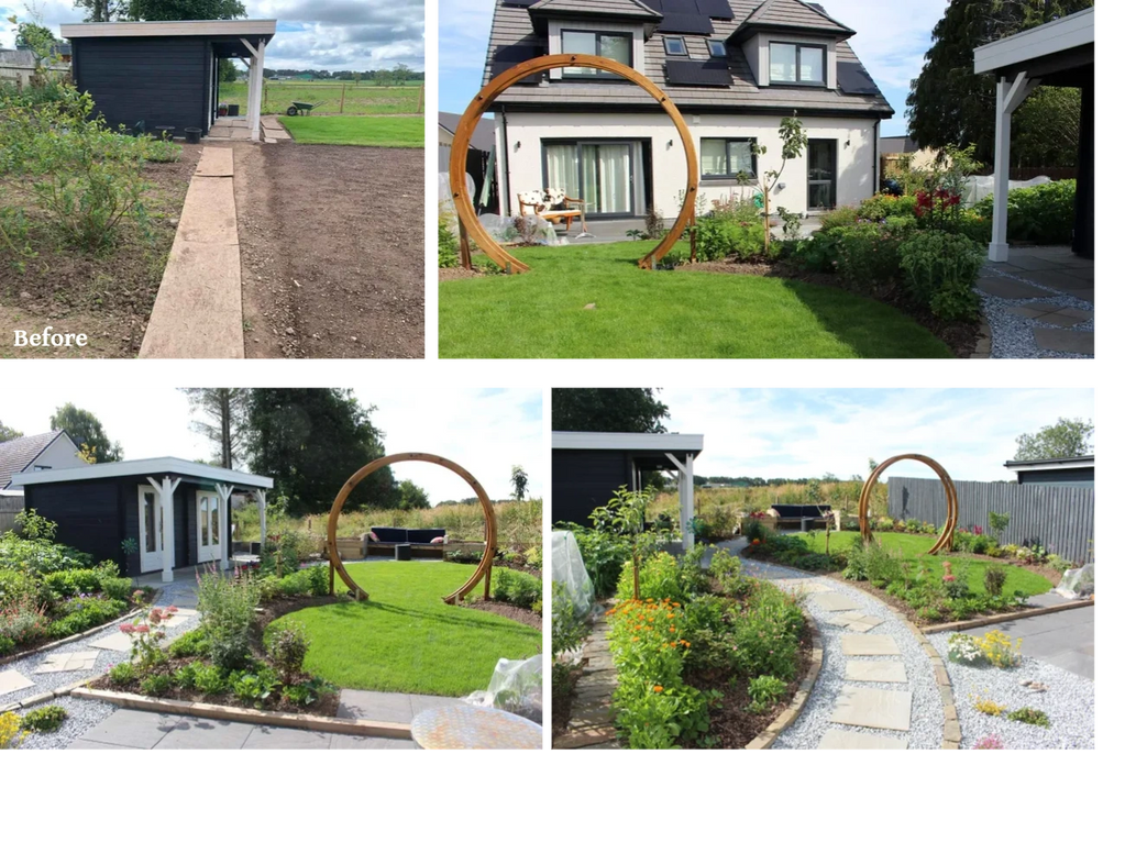 Pretty garden with circular lawns, curved path and attractive planting.