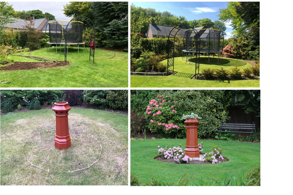 Series of four photographs showing the transformation of an area of grass with a trampoline into a c