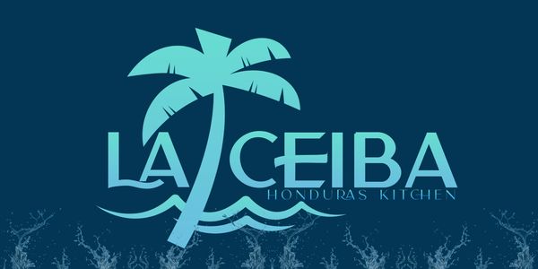 Logo of La Ceiba Honduras Kitchen with a palm tree and ocean waves design.