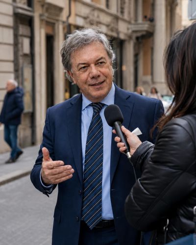 Uomo intervistato per strada con microfono.