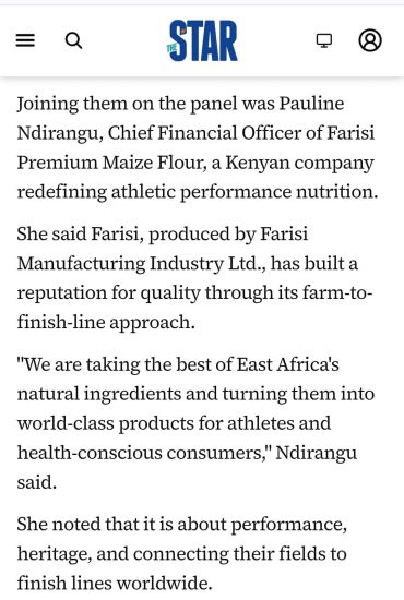Pauline Ndirangu discusses Farisi Premium Maize Flour's role in athletic nutrition and quality production.