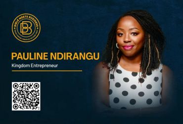 Portrait of Pauline Ndirangu, Kingdom Entrepreneur, with a QR code and branding.