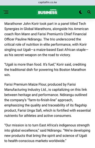 Panel discusses Ugali's role in marathon nutrition and Farisi's premium maize flour.