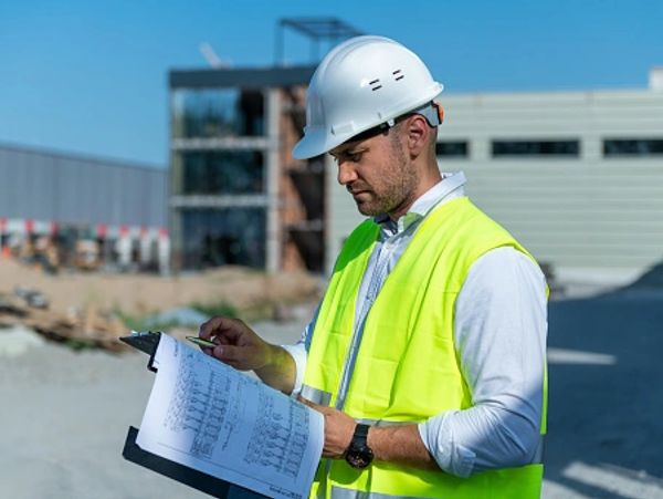 Construction worker reviewing plans at a building site.
