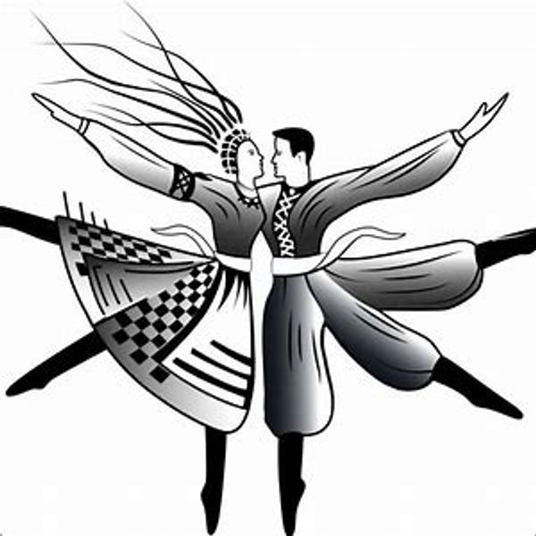 Black and white illustration of a dancing couple in traditional attire.