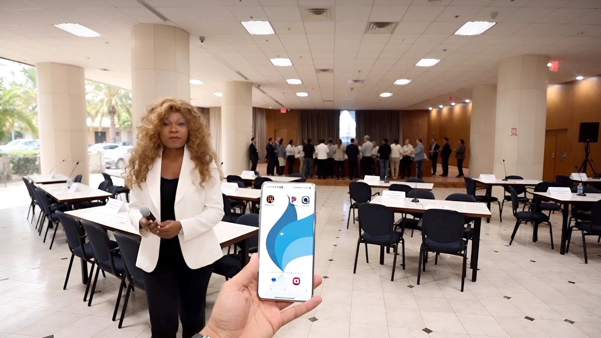 A woman in a white blazer stands in a conference room with a smartphone held in the foreground.