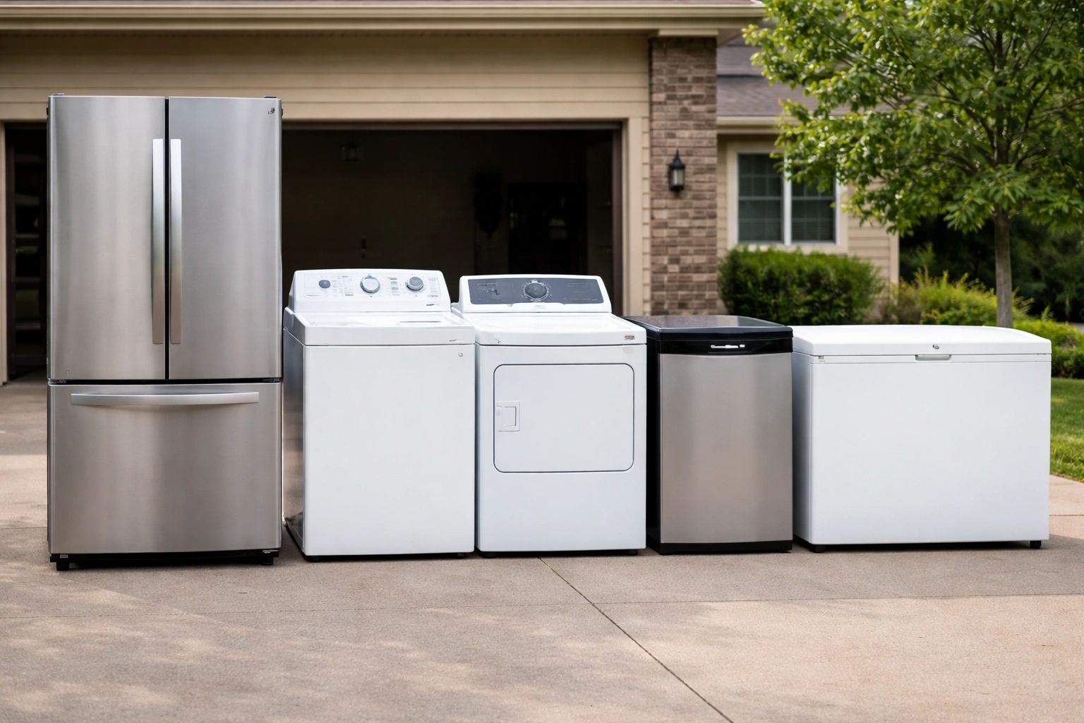refrigerator, washer, dryer, dishwasher, mini fridge, and freezer in a driveway