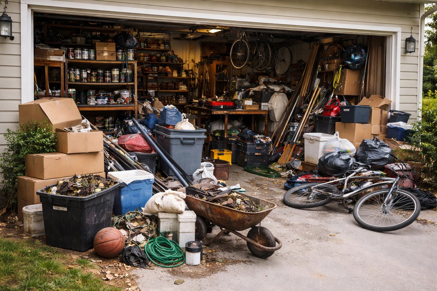 garage clean out services in colorado springs - a messy garage and lots of items in the driveway 