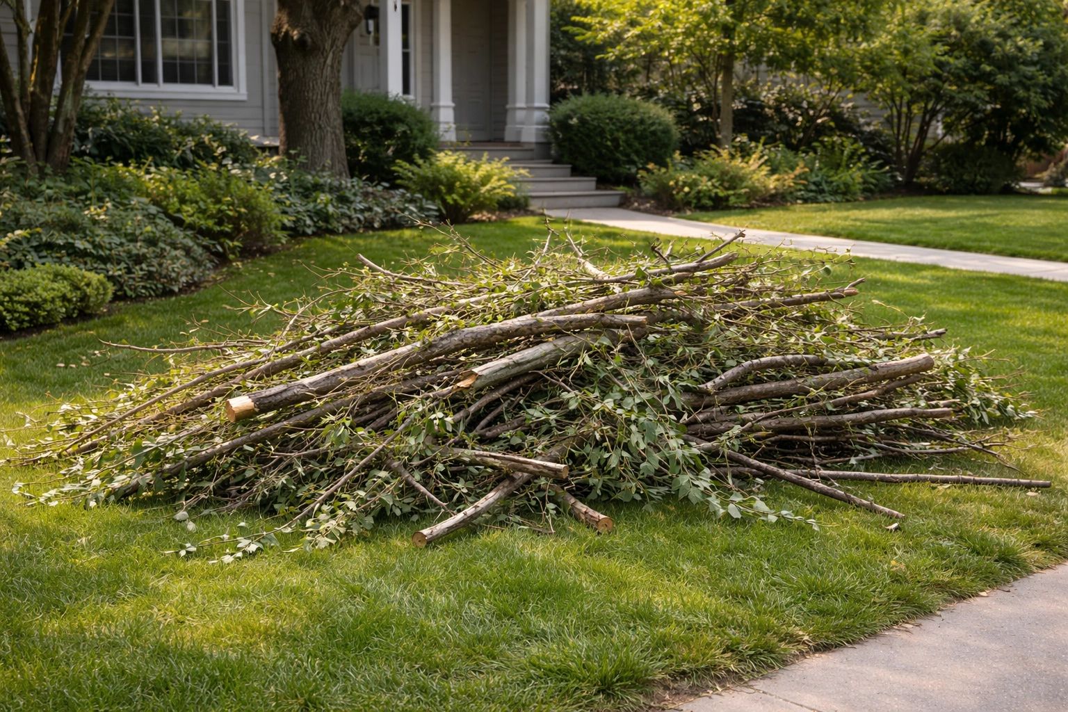 yard cleanup services in Colorado Springs - branches piled on front lawn awaiting removal