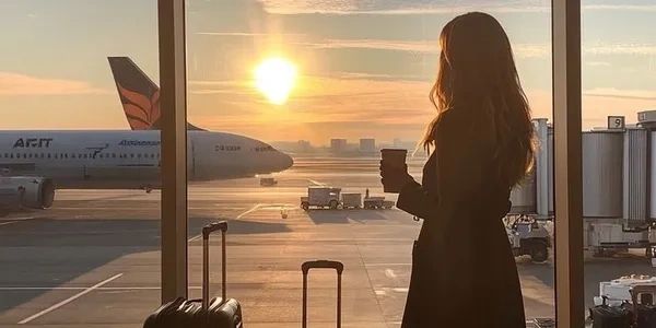 Woman waiting at airport terminal during sunrise holding a coffee cup.