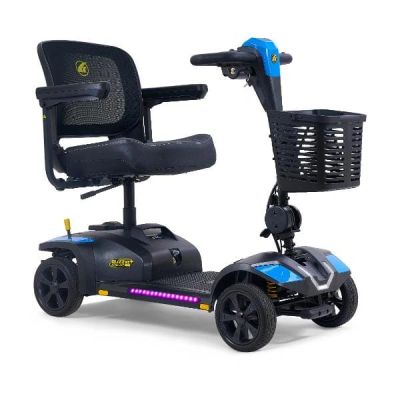 Compact mobility scooter with basket and armrests.