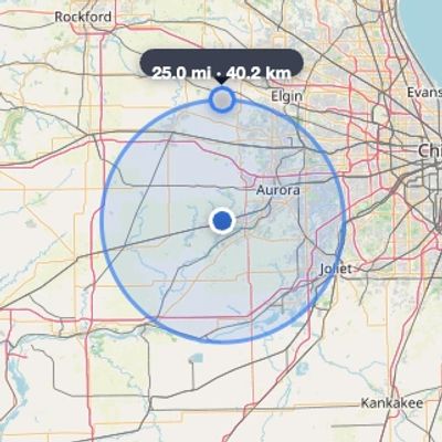 Map showing a 25-mile radius circle near Aurora, Illinois.