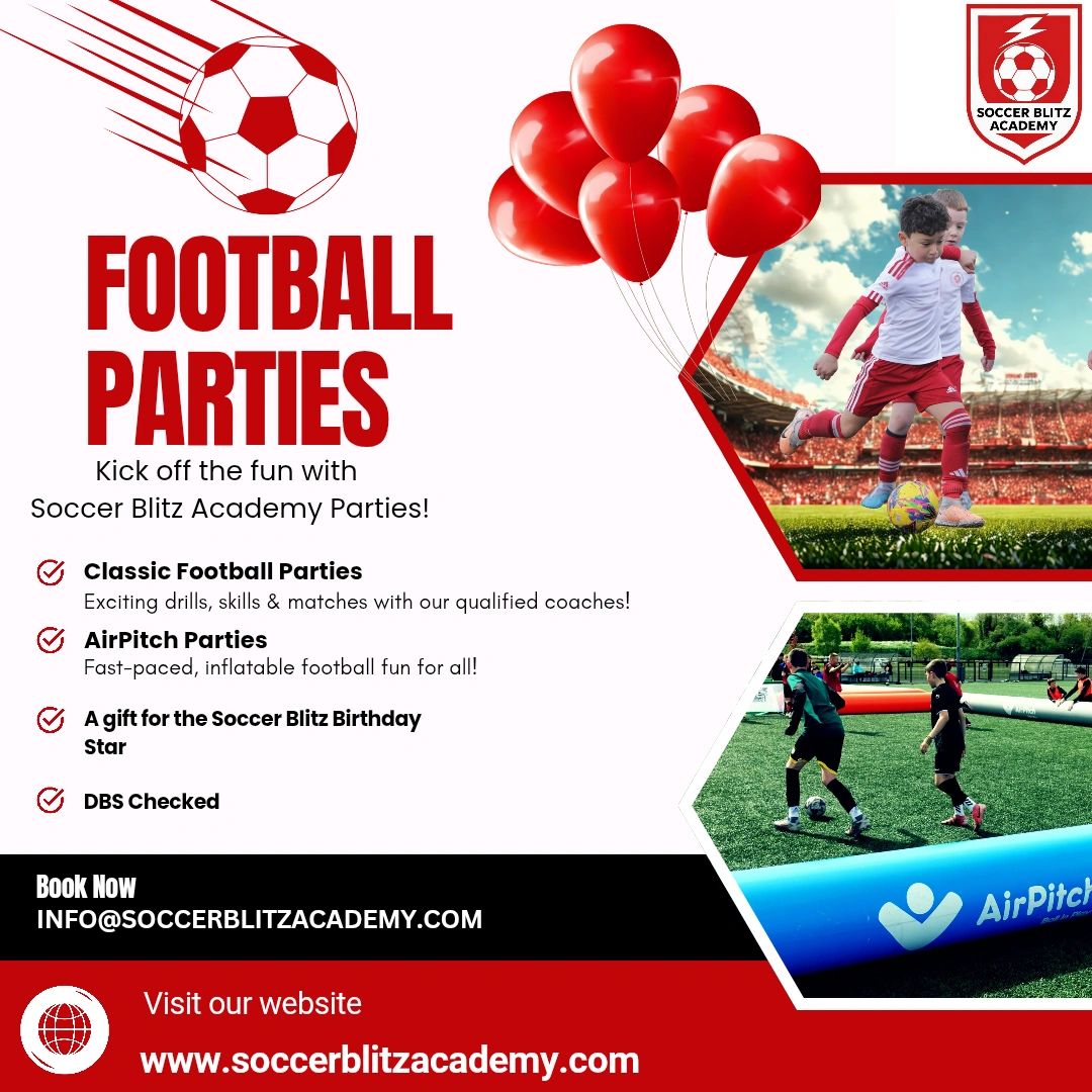 Soccer Blitz Academy offers exciting football parties with drills, AirPitch fun, and birthday gifts.