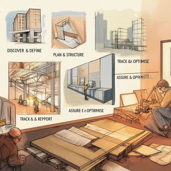 Architectural sketches showing stages of design and project tracking.