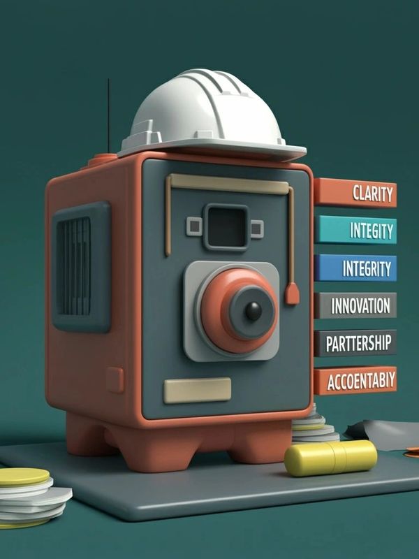 A stylized safe with a hard hat and misspelled value words beside it.