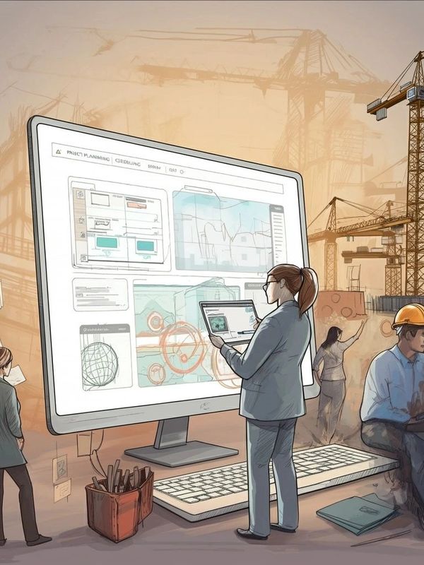 Architects and engineers collaborating on digital building plans with construction cranes in the background.