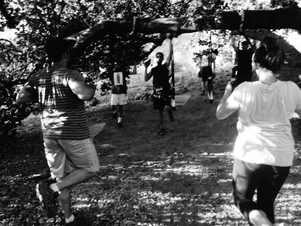 Group fitness class in the mountains