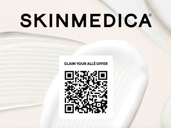 SkinMedica skincare cream textures with a QR code for an offer.