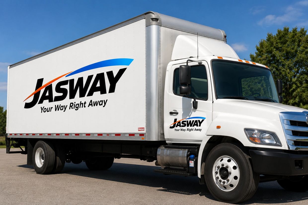 A white Jasway delivery truck on a clear day.