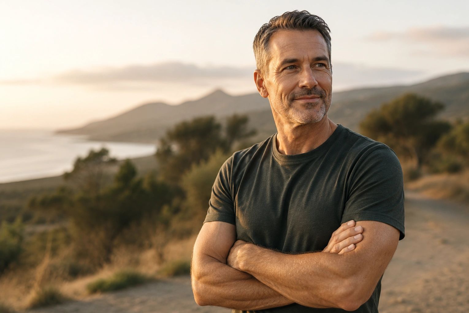 A middle-aged man stands with arms crossed, smiling thoughtfully outdoors at sunset.