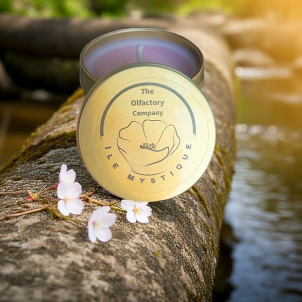 A scented candle from The Olfactory Company on a mossy stone near water with cherry blossoms.