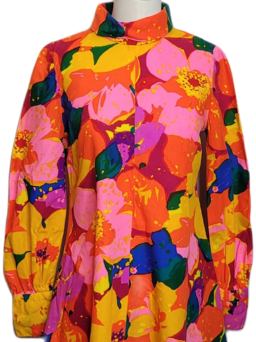 Vintage Mod Mini Dress 
Handmade 
Bright Neon Floral 
Long Sleeves 
Size Small / Med