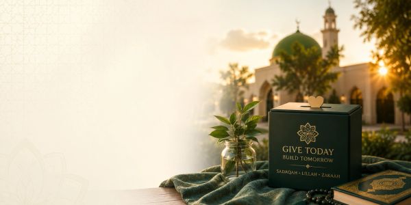 Charity box with mosque in the background at sunset.