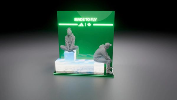 3D models of people sitting, with green neon sign saying 'MADE TO FLY'.