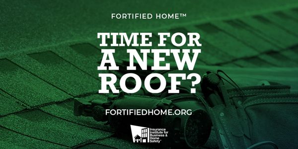 Advertisement asking if it's time for a new roof with a roofing tool on shingles.