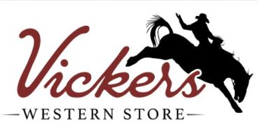 Logo of Vickers Western Store with a cowboy riding a bucking horse.