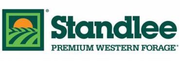 Logo of Standlee Premium Western Forage with a sunset and field illustration.
