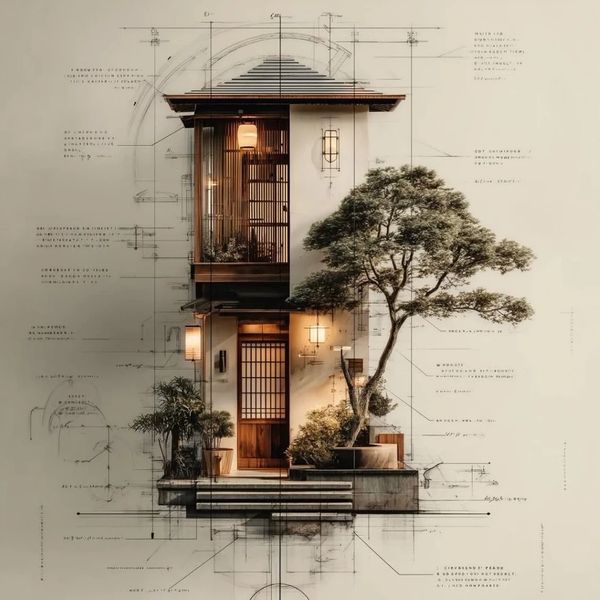 Architectural illustration of a modern two-story house with detailed design notes.
