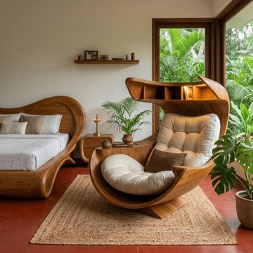 Cozy wooden bedroom with unique curved furniture and lush greenery outside.