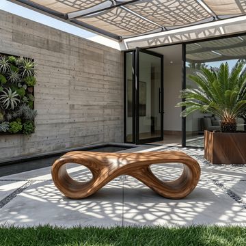 Modern outdoor patio with sculptural wooden bench and lush plants.
