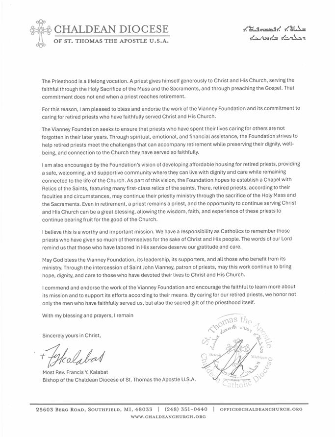Letter from Bishop Francis Y. Kalabat endorsing the Vianney Foundation's support for retired priests.