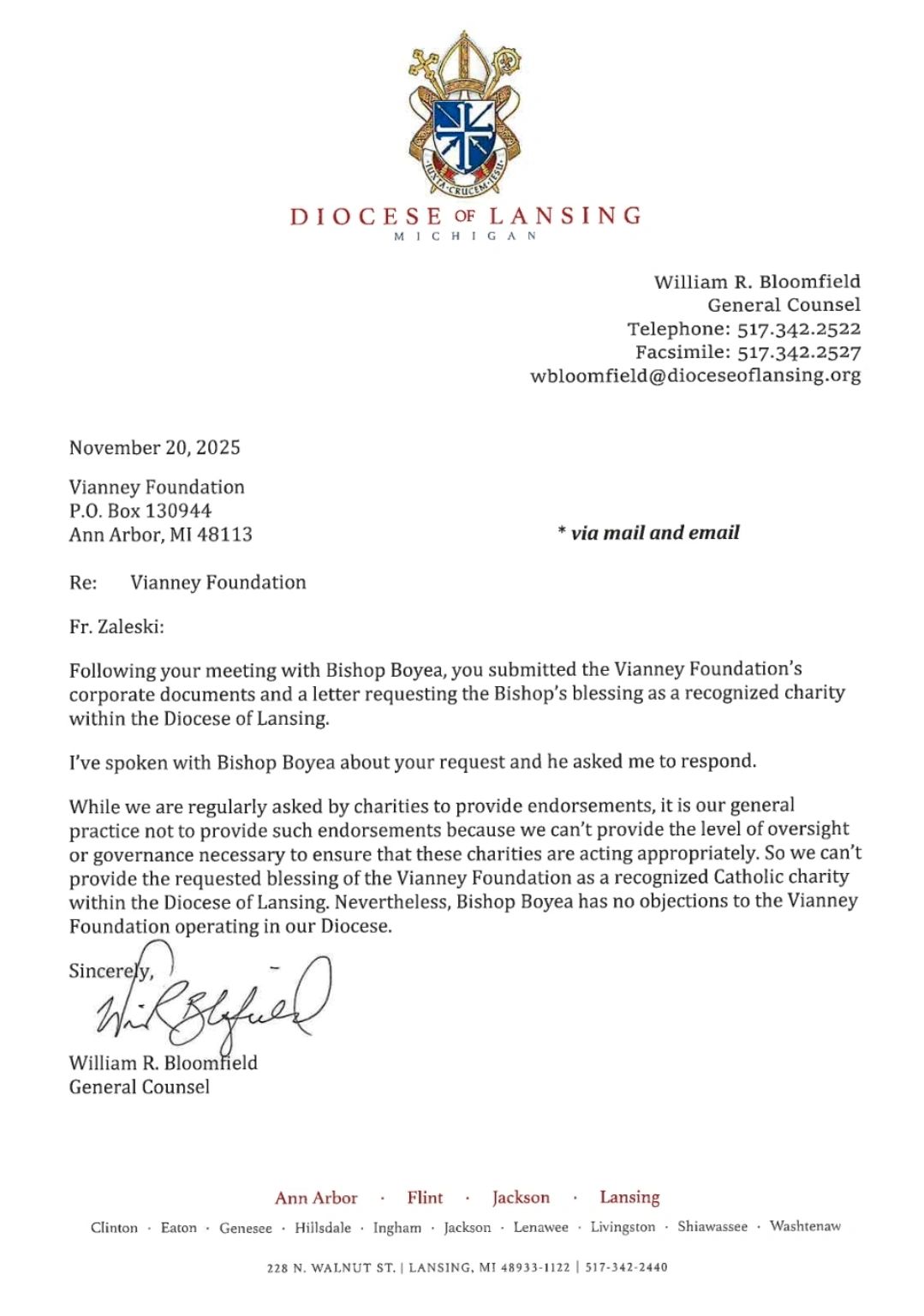 Letter from Diocese of Lansing denying endorsement to Vianney Foundation.
