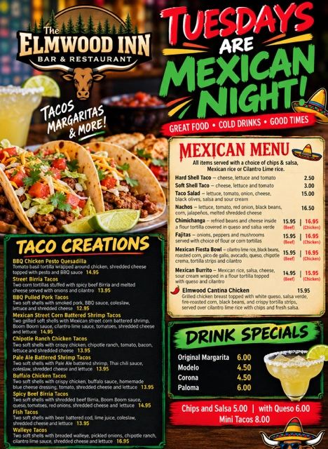 Mexican Night menu and specials at The Elmwood Inn on Tuesdays.