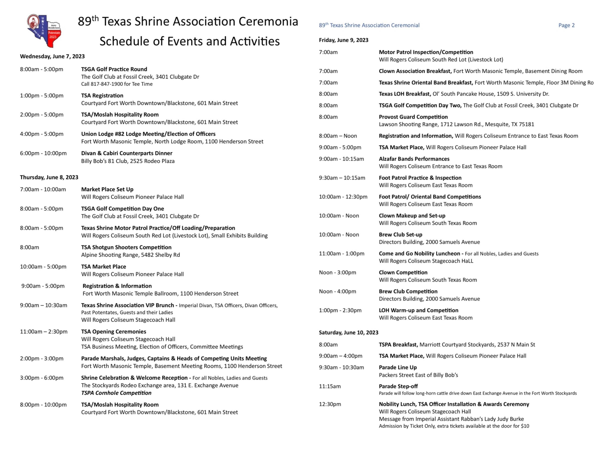 TSA schedule of events