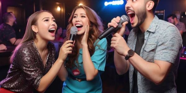 Three friends singing karaoke happily.