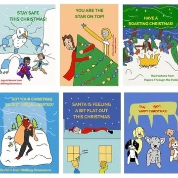 Image of the 6 Christmas Cards Liam has drawn, some featuring characters from his novels