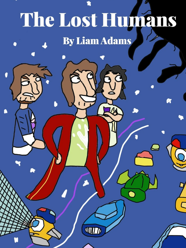 Cover of The Lost Humans - blue background with humorous characters - drawn by Liam