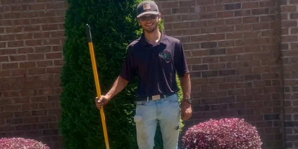 Landscaper in a newly installed garden