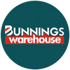 Bunnings Warehouse logo with bold white and red text on a dark green background.