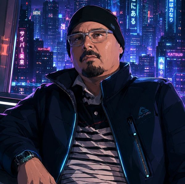 Man in futuristic city with neon lights.