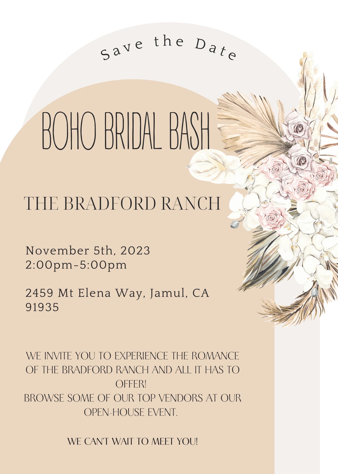 Save the date for Boho Bridal Bash at The Bradford Ranch, Nov 5, 2023.
